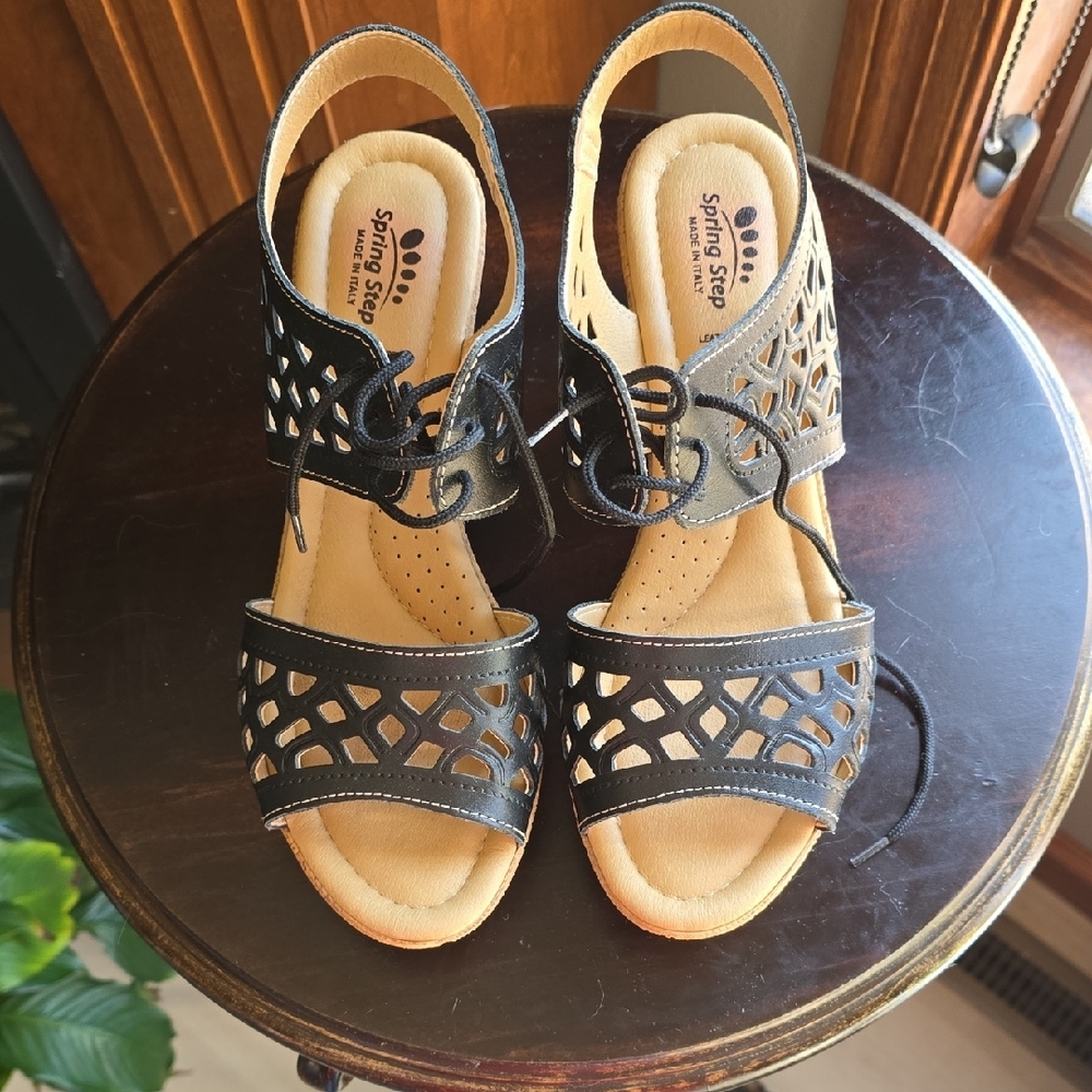 Spring Step Black Wedge Sandals - Picture 2 of 6